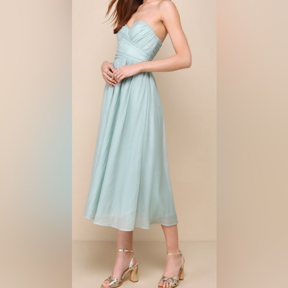 Lulu’s Fairy-tail Sage Green Organza Strapless A-Line Midi Dress Size M. NWT. - Picture 4 of 7